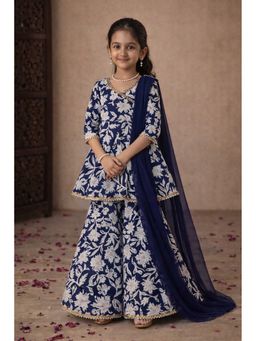 Aarika - Navy Blue Floral Three Fourth Sleeves Kurti Sharara and Duaptta