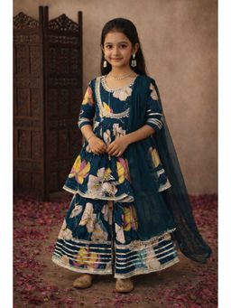 Aarika - Teal Embroidered Three Fourth Sleeves Kurti Sharara and Duaptta