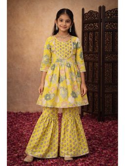 Aarika - Yellow Floral Three Fourth Sleeves Kurti and Sharara
