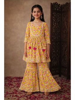 Aarika - Yellow Printed Three Fourth Sleeves Kurti and Sharara