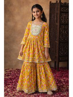 Aarika - Yellow Floral Three Fourth Sleeves Kurti and Sharara