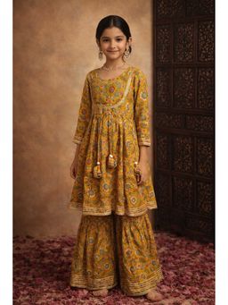 Aarika - Olive Floral Three Fourth Sleeves Kurta and Sharara