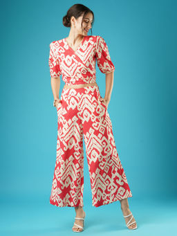 Globus - Women Red Abstract Print Wrap Neck Tie-Back Top & Palazzos Co-Ord Set