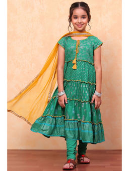 Biba - Green Printed Tiered Festive Flared Kurta with Churidar & Dupatta (Set of 3)