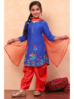 Biba - Blue & Red Floral Printed Straight Kurta with Salwar & Dupatta (Set of 3)
