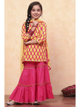 Biba - Yellow & Pink Cotton Floral Printed Kurta with Sharara & Dupatta (Set of 3)