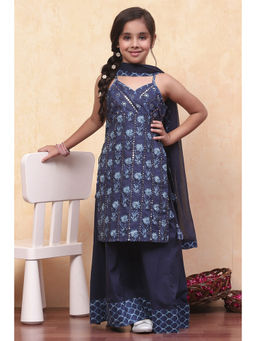 Biba - Navy Blue Floral Mirror Work Straight Kurta with Sharara & Dupatta (Set of 3)