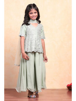 Biba - Green Viscose Blend Peplum Kurta with Palazzo & Dupatta (Set of 3)