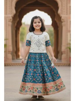 Lagorii - Ivory and Teal Printed Embroidered Lehenga with Choli