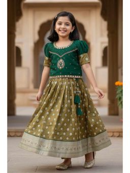 Lagorii - Green Mirror-Work Embroidered Silk Pattu Pavadai Lehenga with Choli