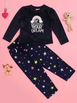 Cutecumber - Girls Navy Blue Winter Wear T-shirt and Pant