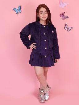 Cutecumber - Girls Purple Solid Party A-Line Suede Dress with Open Front Jacket