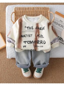 Googo Gaaga - Boys Cream Text Printed Cotton Sweatshirt with Jeans