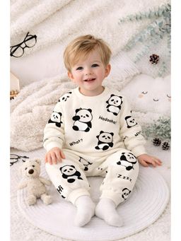 Googo Gaaga - Boys Off White Fleece Printed Cotton Sweatshirt with Joggers