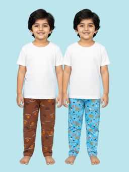 KiddoPanti - Boys Blue-Brown Cotton Knit All Over Printed Pyjama (Pack of 2)
