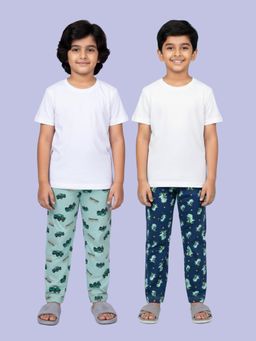 KiddoPanti - Boys Navy Blue-Green Cotton Knit All Over Printed Pyjama (Pack of 2)