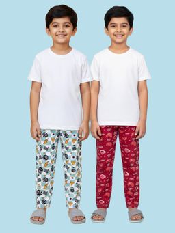 KiddoPanti - Boys Maroon-Green Cotton Knit All Over Printed Pyjama (Pack of 2)