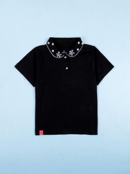 KiddoPanti - Girls Black Cotton Pearls Half Sleeves Top