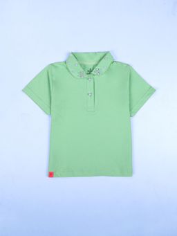 KiddoPanti - Girls Green Cotton Pearls Half Sleeves Top