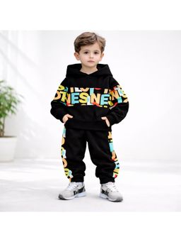 Googo Gaaga - Boys Black Typography Printed Hoodie with Joggers