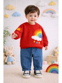 Googo Gaaga - Boys Red-Blue Printed Cotton Sweatshirt with Jeans