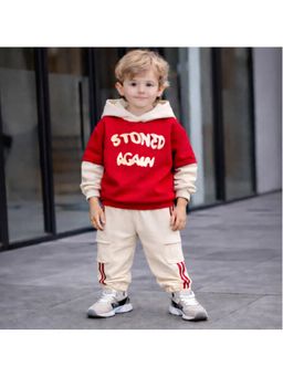 Googo Gaaga - Boys Red-Cream Fleece Printed Hoodie with Joggers
