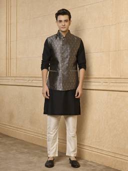 TASVA - Men's Self Design Black Bundi and Kurta with Aligarhi