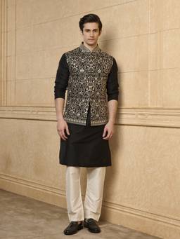 TASVA - Men's Embroidered Black Bundi and Kurta with Aligarhi