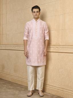 TASVA - Men Pink Embroidered Crest Kurta with Aligarhi