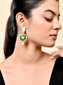 Silvermerc Designs - Green And Gold Enamel Pearl Accents Drop Earrings