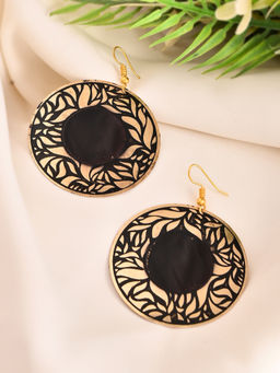 Silvermerc Designs - Black And Gold Leaf Patterned Round Earrings