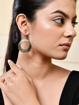 Silvermerc Designs - Black Floral Patterned Circular Brass Earrings