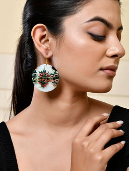 Silvermerc Designs - Pink And Green Botanical Design Floral Round Earrings