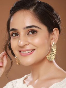 Saraf RS Jewellery - Anti-Tarnish Gold Plated Striped Three Layered Drop Earrings