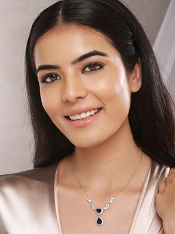 Saraf RS Jewellery - Anti-Tarnish Silver Plated Blue Sapphire AD Heart Shaped Minimal Pendant Necklace