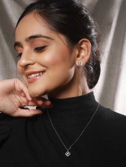 Saraf RS Jewellery - Anti Tarnish Rhodium Plated AD Studded Minimal Floral Pendant Jewellery Set