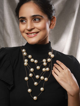 Saraf RS Jewellery - Anti Tarnish Gold Toned Minimal Round Pearl Layered Necklace