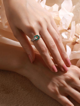 Saraf RS Jewellery - Silver Plated Minimal Green Enamelled Finger Ring
