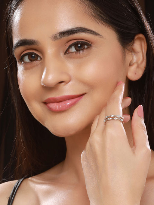 Saraf RS Jewellery Silver Plated CZ Studded Minimal Band Finger Ring