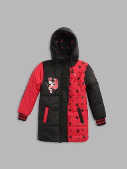 Blue Giraffe - Girls Red Color-Blocked Hooded Full Sleeves Puffer Jacket