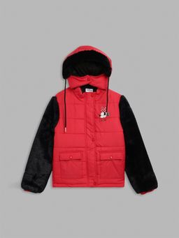 Blue Giraffe - Girls Red Printed Hooded Full Sleeves Puffer Jacket