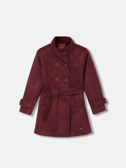 Blue Giraffe - Girls Red Solid Stand Collar Full Sleeves Double Breasted Overcoat with Belt