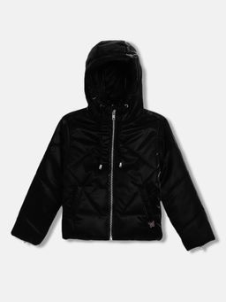 Blue Giraffe - Girls Black Solid Hooded Full Sleeves Jacket