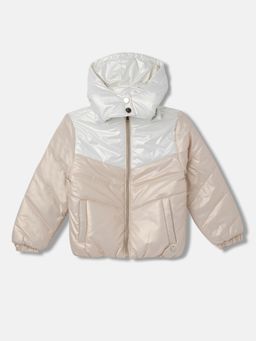Blue Giraffe - Girls Beige Color-Blocked Detachable Hood Full Sleeves Puffer Jacket