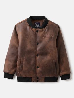 Blue Giraffe - Boys Brown Solid Stand Collar Full Sleeves Bomber Jacket