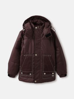 Blue Giraffe - Boys Brown Solid Hooded Full Sleeves Puffer Jacket