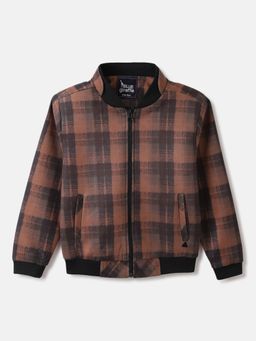 Blue Giraffe - Boys Brown Checked Stand Collar Full Sleeves Bomber Jacket