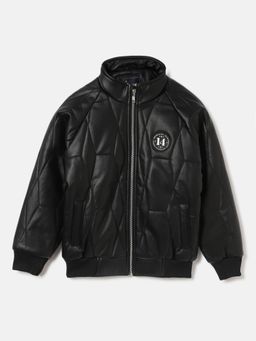 Blue Giraffe - Boys Black Solid Stand Collar Full Sleeves Quilted Jacket