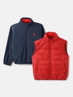 Blue Giraffe - Boys Solid Stand Collar Full Sleeves Navy Blue Jacket with Gilet