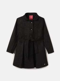 Blue Giraffe - Girls Black Solid Peter Pan Collar Full Sleeves Overcoat with Belt